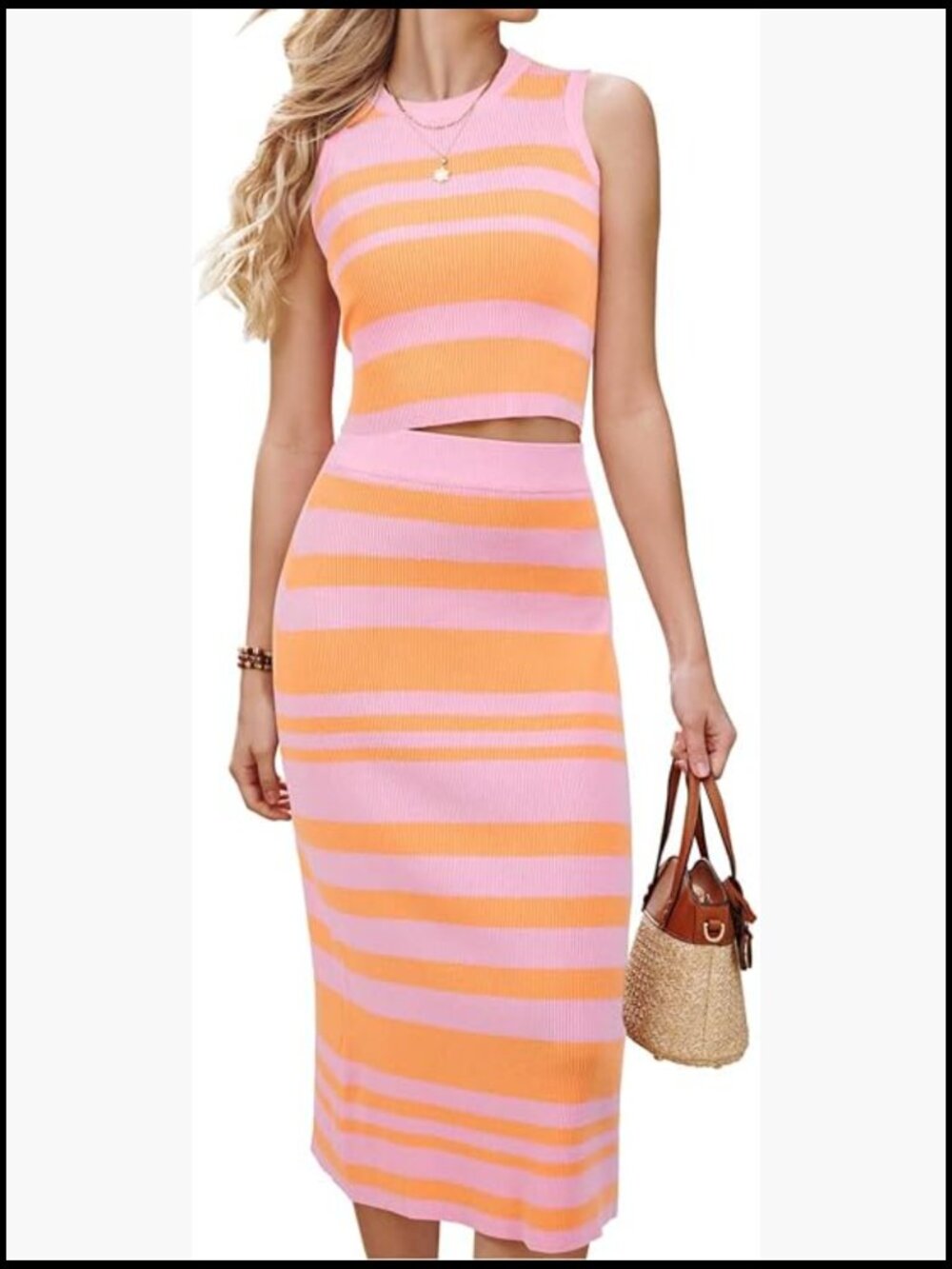 Women's Knit 2 Piece Set Tank Top and Midi Skirt Outfit